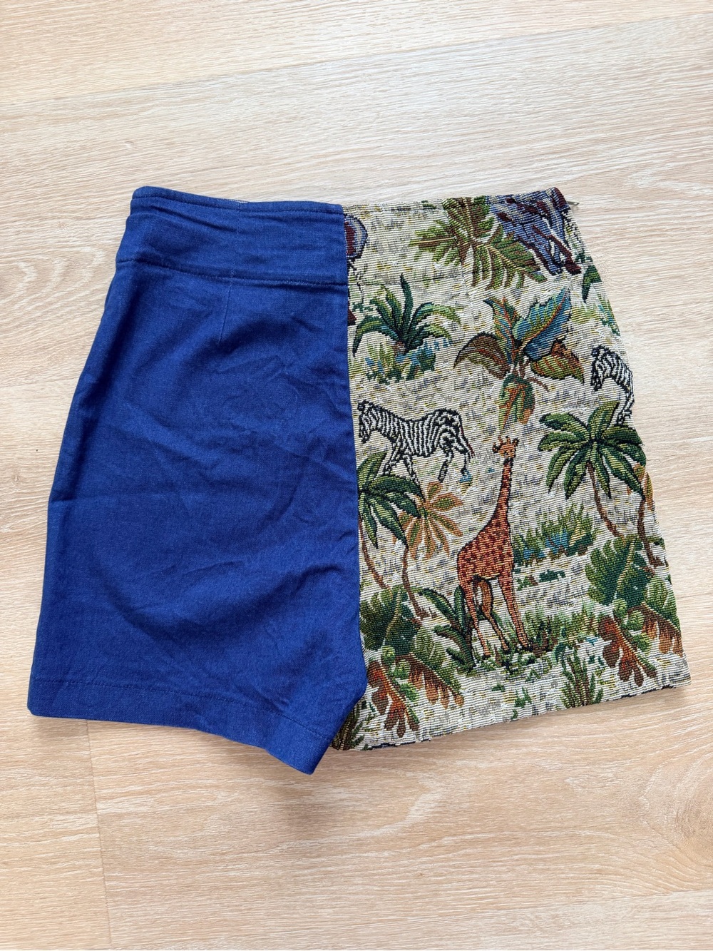 Jutka & Riska Upcycled Denim Tapestry Safari Shorts High Rise Split OOAK S